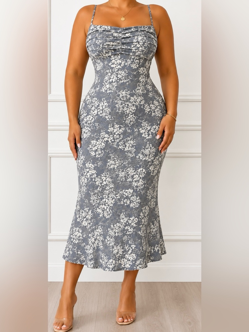 Source Unknown Gray Floral Midi Dress Skirt